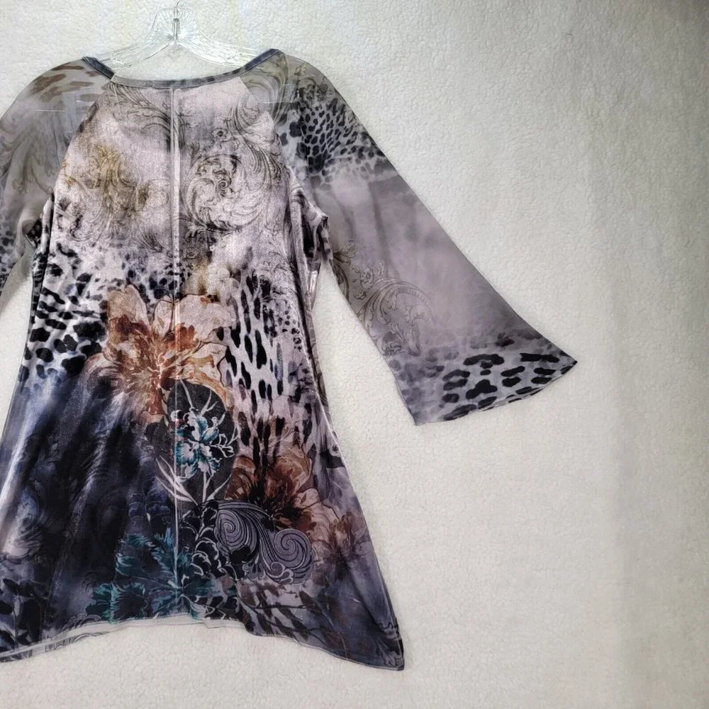 Bleu Womens Top Size S Blue Animal Print Flowy Ruffled Y2K Colorful Tunic Blouse - Picture 10 of 12